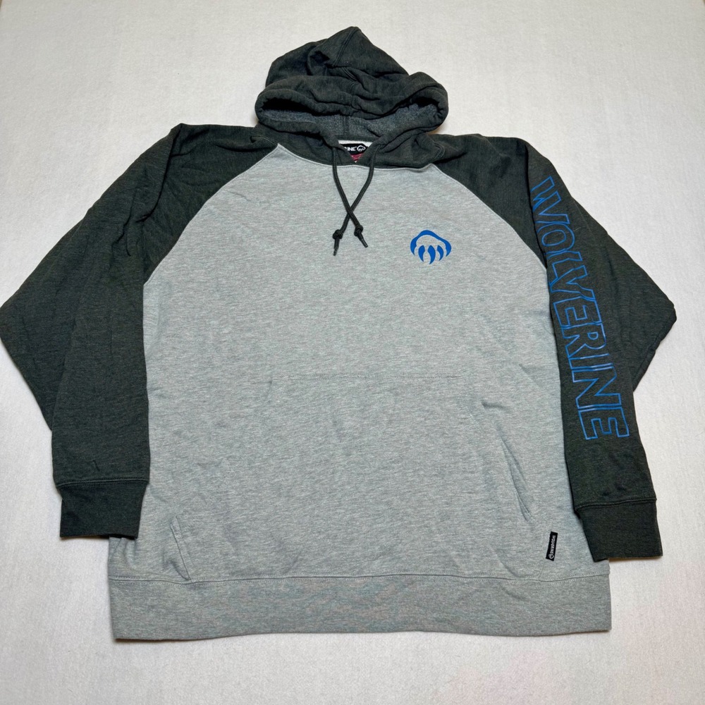 Wolverine Mens XL Raglan Hoodie Grey Blue Logo Sleeve Graphic Fleece Pullover